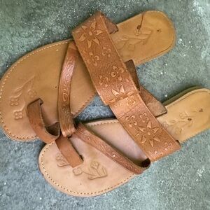 Brown Floral Leather Sandals